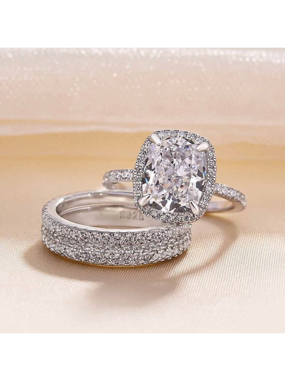 1.6 Ct Cushion Cut Three Stone Lab-Created Simulated Diamond Engagement Ring, 14K White Gold Plated Prong Setting, Bridal Jewelry
