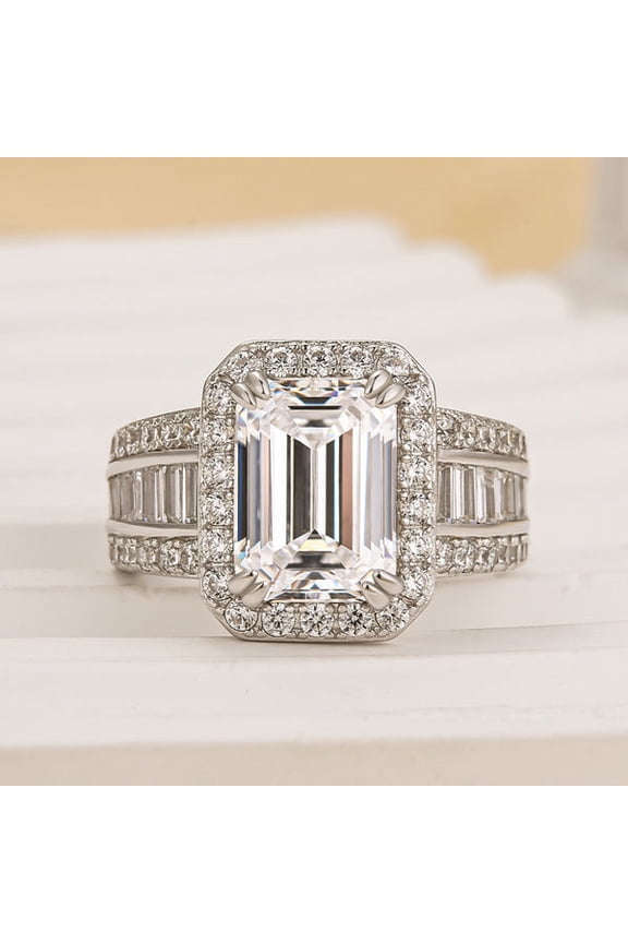 1.6 Ct Emerald Cut Engagement Ring for Women - Lab-Created Simulated Diamond Solitaire - Prong Set Halo Channel Design - 14K White Gold Plated Wedding Jewelry
