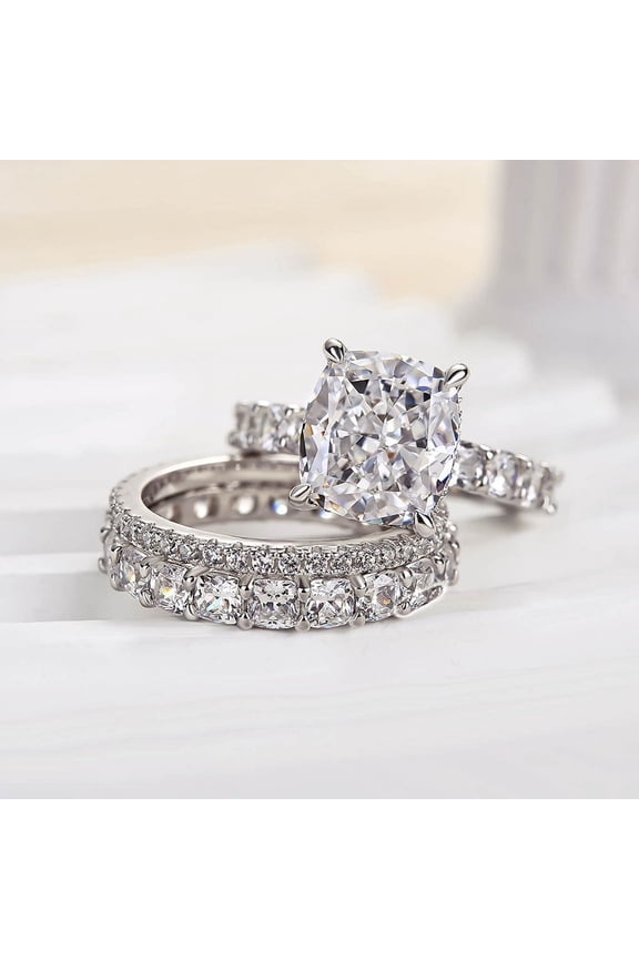 1.6 Ct Lab Created Diamond Wedding Engagement Ring Set - 14K White Gold Plated Cushion Cut Bridal Ring Set - Hidden Halo Ring Set with Band for Brides