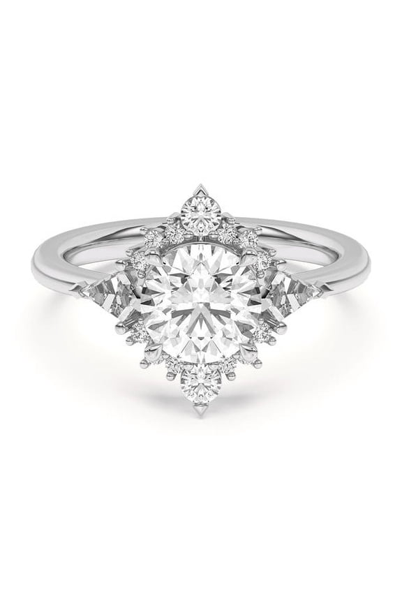 1.67 Ct Simulated Round Cut Simulated Kite Halo Engagement Ring - 14K White Gold Plated Solitaire Wedding Simulated Ring - Engagement Jewelry for Her - Wedding Jewelry for Women