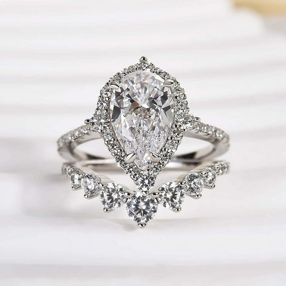 Veda Jewel 1.7 Ct Lab Created Diamond Engagement Ring Set for Bridal - Pear Cut Halo Design in 14K White Gold Plated Ring with Band - Curved Wedding Jewelry Set