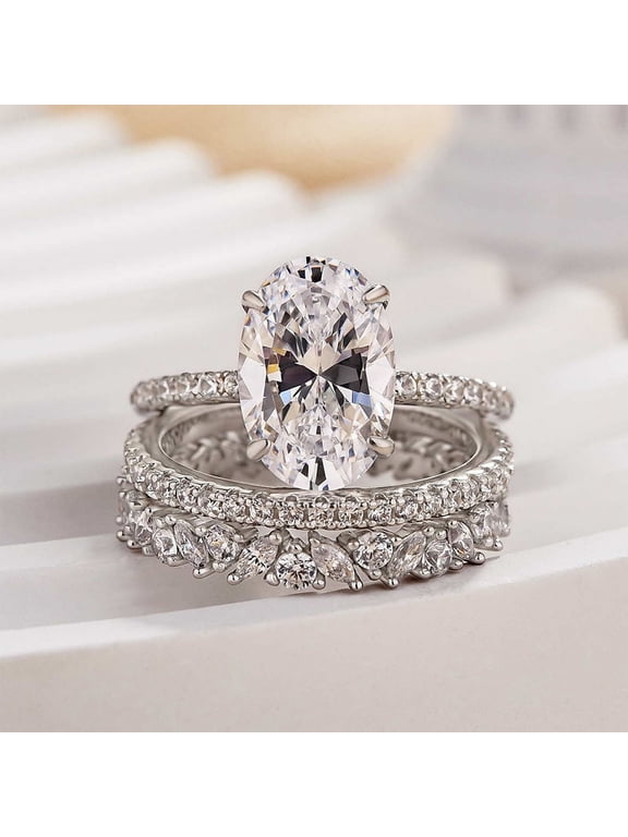1.7 Ct Oval Cut Lab-Created Simulated Diamond Hidden Halo Engagement Trio Ring Set, 14K White Gold Plated, Anniversary or Engagement Gift