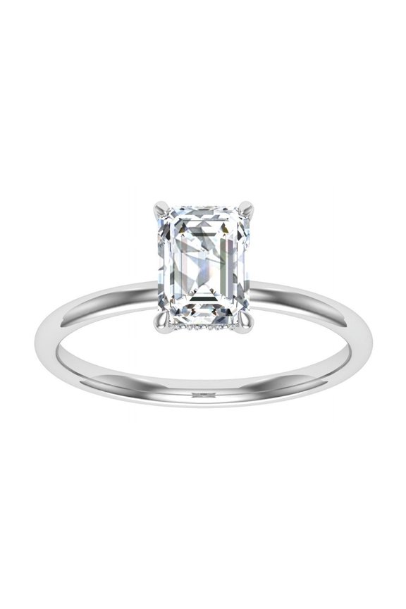 1.86 Ct Emerald Cut Simulated Diamond Ring - 14K White Gold Plated Hidden Halo Engagement Wedding Ring - Solitaire with Accents Diamond Ring for Her - Gift for Unforgettable Celebrations