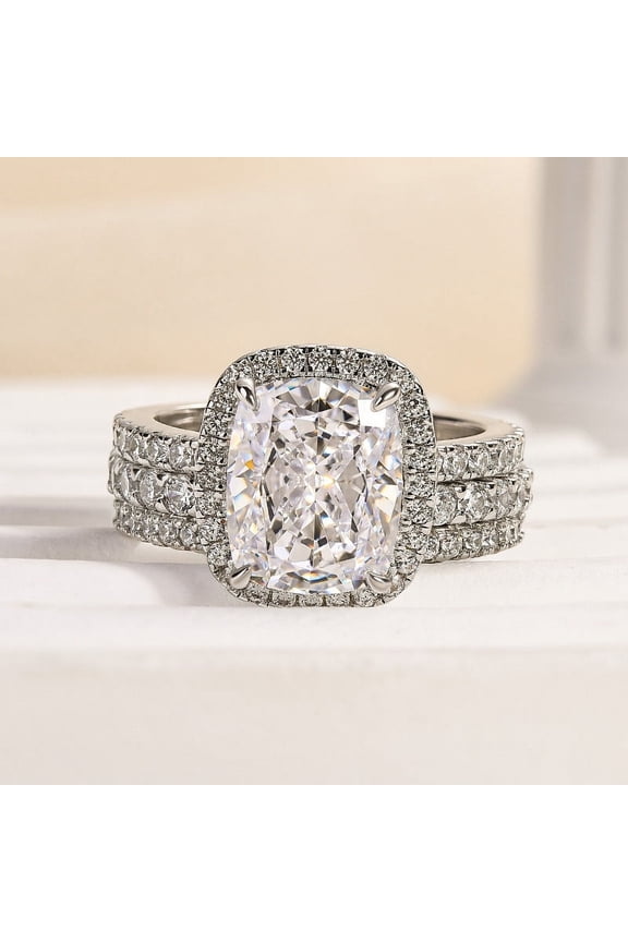 1.9 Ct Cushion Cut Lab Created Diamond Engagement Trio Ring Set for Her - 14K White Gold Plated Bridal Trio Ring Set - Anniversary or Proposal Gift - Women's Fine Jewelry