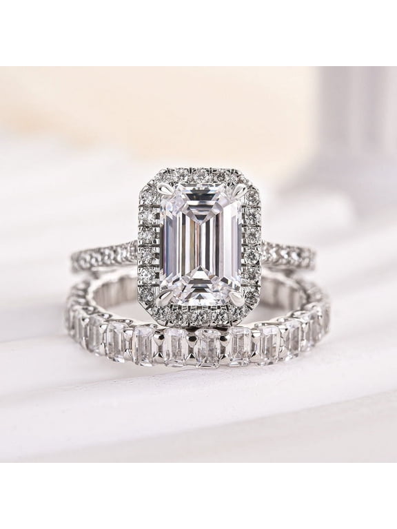1.9 Ct Emerald Cut Lab-Created Simulated Diamond Halo Engagement Ring Set with Eternity Band, 14K White Gold Plated, Bridal Ring Set
