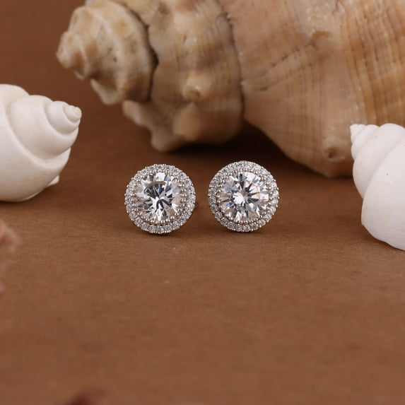 Veda Jewel 14K White Gold Plated 1.63 Ct Round Cut Halo Lab Created Diamond Engagement Earring - Elegant Push Back Studs for Women - Perfect Gift for Anniversaries and Special Gatherings