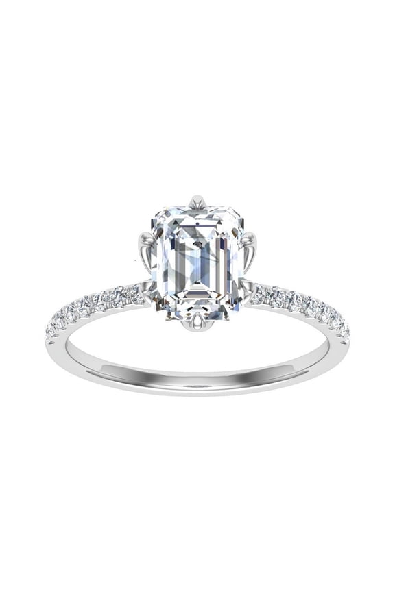 14K White Gold Plated 1.76 Ct Simulated Diamond Ring - Hidden Halo Engagement Wedding Ring - Emerald Cut Solitaire with Accents Simulated Diamond Ring for Her - Gift for Lasting Memories