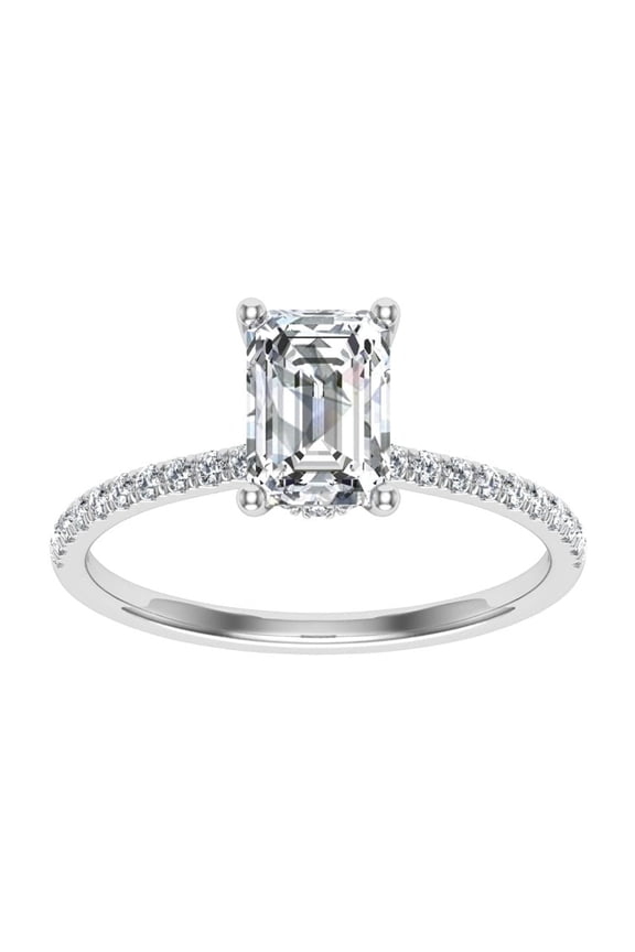 14K White Gold Plated 2.13 Ct Simulated Diamond Ring - Hidden Halo Engagement Wedding Ring - Emerald Cut Solitaire with Accents Simulated Diamond Ring for Her - Gift for Celebrating Love