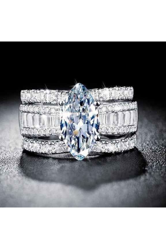 14K White Gold Plated 2 Ct Marquise Cut Diamond Engagement Ring - Stunning Trio Set Ring with Simple Design - Perfect for Special Occasions - A Beautiful Representation of Your Commitment