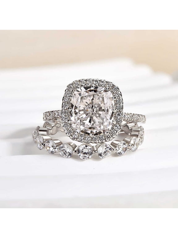 1.8 Ct Cushion Cut Lab-Created Simulated Diamond Halo Engagement Ring Set, 14K White Gold Plated, Anniversary or Wedding Gift