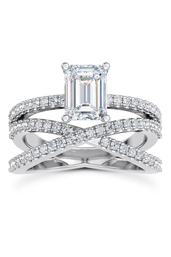 14K White Gold Plated Lab-Created Ring - Emerald Cut 1.86 Ct Lab-Created Engagement Stone - Criss Cross Pave Set Wedding Band - Exclusive Jewelry for Bridal Ceremonies and Stylish Outfits