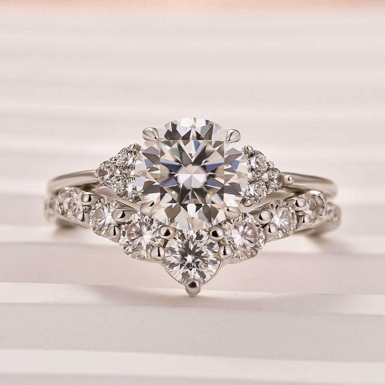 Veda Jewel 2.3 Ct Round Cut Diamond Engagement Wedding Bridal Ring Set for Women – 14K White Gold Plated Ring with Chevron Anniversary Band – Elegant Solitaire and Side Stone Style