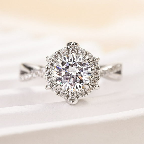 Veda Jewel 2.3 Ct Round Cut Lab Created Diamond Engagement Ring - Split Shank Halo Style - 14K White Gold Plated Wedding Ring for Women - Gorgeous Jewelry for Proposal or Wedding