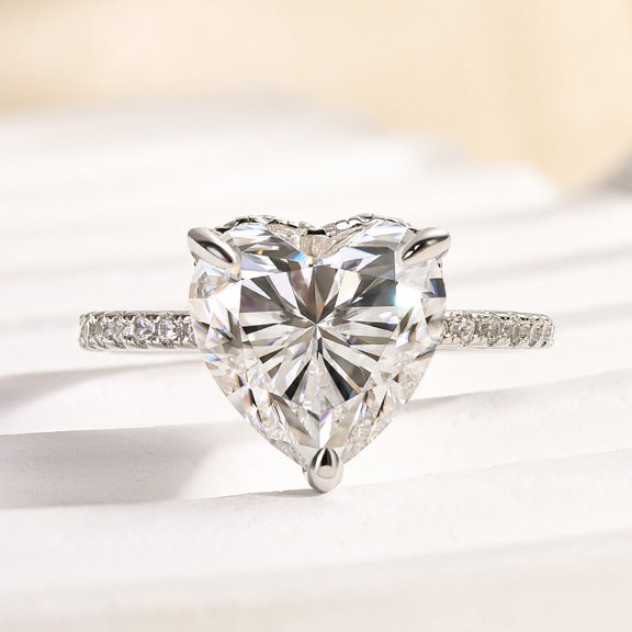 Veda Jewel 2.5 Ct Heart Cut Lab Created Diamond Engagement Ring - Hidden Halo Wedding Ring - 14K White Gold Plated Solitaire Design - Romantic Jewelry Gift for Bride or Proposal Day