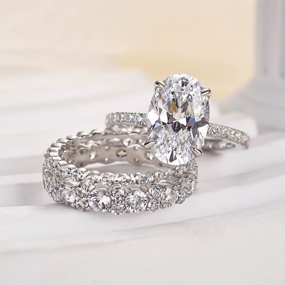Veda Jewel 2 Ct Oval Cut Lab Created Diamond Trio Wedding Ring Set - Halo Design in 14K White Gold Plated - Bridal Jewelry - Ideal for Engagement and Anniversaries