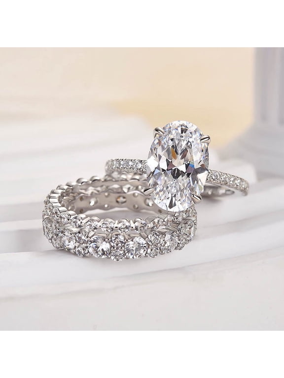 2 Ct Oval Cut Lab-Created Simulated Diamond Halo Trio Wedding Ring Set, 14K White Gold Plated, Bridal Engagement Jewelry