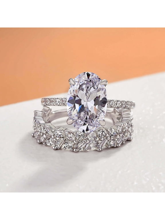 2 Ct Oval Cut Lab-Created Simulated Diamond Wedding Ring 14K White Gold Plated Bridal Set Style Engagement Ring for Women