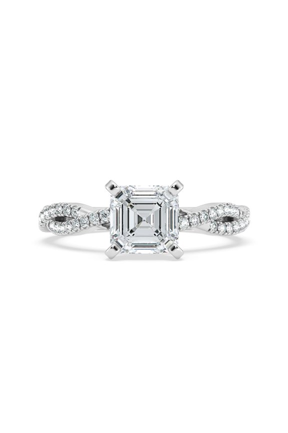 Asscher Cut Simulated Solitaire Ring - Twisted Shank 1.67 Ct Engagement Jewelry - 14K White Gold Plated Stylish Rings for Women - Party Wear Simulated Rings for Her
