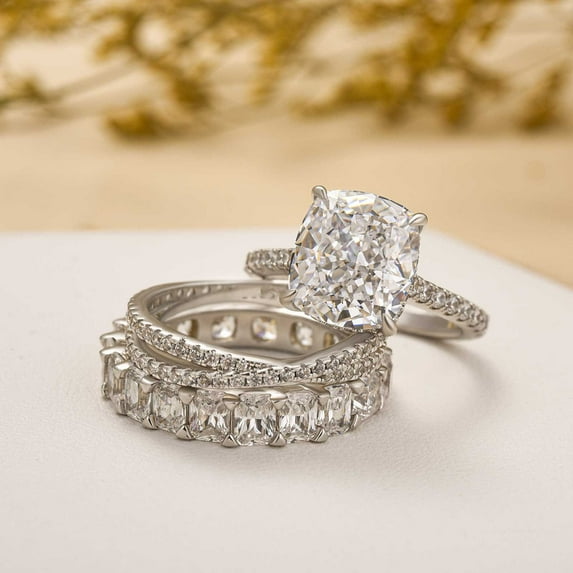 Veda Jewel Cushion Cut 1.4 Ct Three Stone Engagement Ring – Lab-Created Diamond in Prong Setting with 14K White Gold Plated Band – Elegant Proposal or Wedding Gift