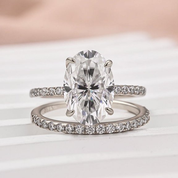 Veda Jewel Oval Cut Engagement Ring Set - 1.9 Ct Lab Created Diamond in 14K White Gold Plated - Hidden Halo Wedding Ring for Women's - Bridal Diamond Set