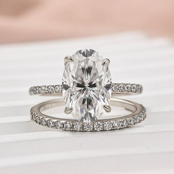 Veda Jewel Oval Cut Engagement Ring Set - 1.9 Ct Lab Created Diamond in 14K White Gold Plated - Hidden Halo Wedding Ring for Women's - Bridal Diamond Set