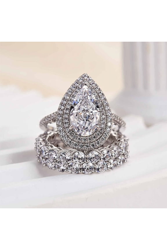 Trio Engagement Set - 1.5 Ct Pear Cut Lab Created Diamond - 14K White Gold Plated Double Halo Wedding Ring Set for Women - Bridal Gift - Jewelry for Her