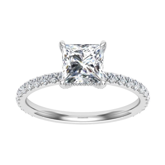 Veda Jewelry 1.58 Ct Princess Cut Moissanite Ring - 14K White Gold Plated Hidden Halo Engagement Wedding Ring - Solitaire with Accent Moissanite Ring - Gift for Unforgettable Celebrations