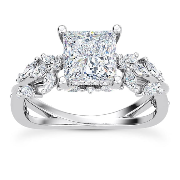 Veda Jewelry 14K White Gold Plated Butterfly and Bee Vine Twist Ring - 1.48 Ct Princess Cut Moissanite Engagement Ring - Solitaire Moissanite Ring for Wedding or Engagement Ceremony for Her