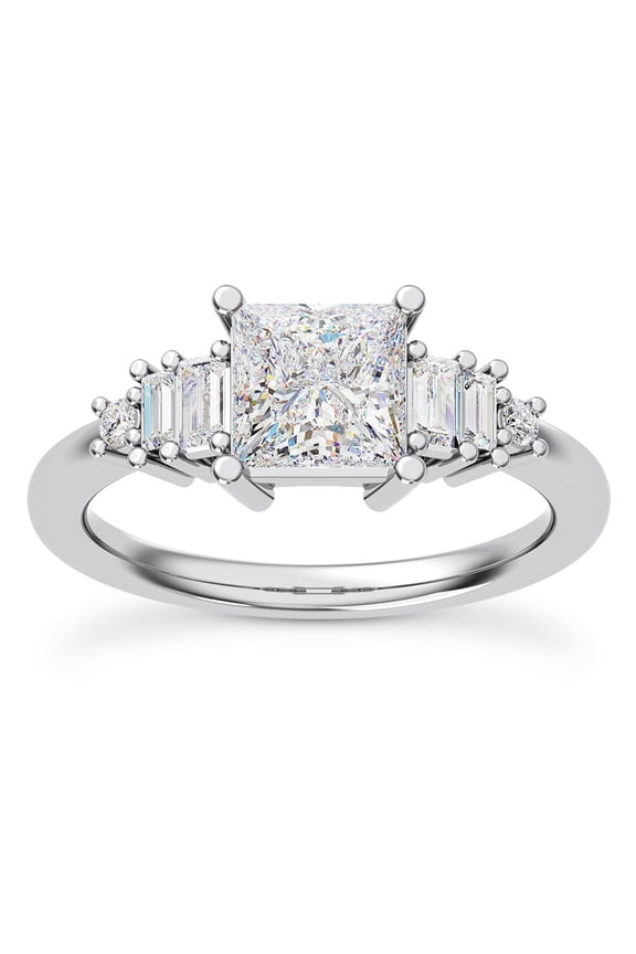 ry Engagement Ring for Women - 1.58 Ct Princess, Round and Baguette Moissanite Tia Graduated Design - 14K White Gold Plated Jewelry for Brides - Wedding and Special Event Ring