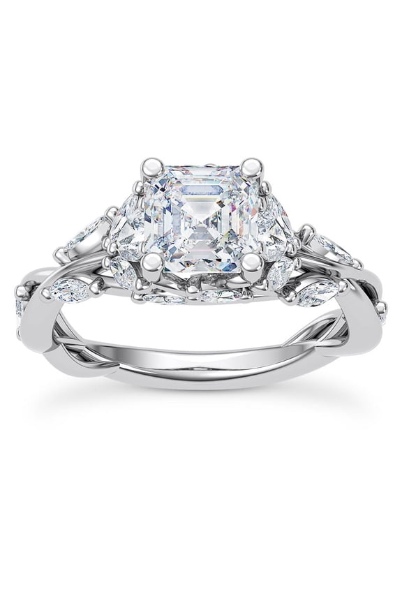 ry Twisted Vine Solitaire Moissanite Ring - 1.67 Ct Moissanite Asscher Cut Moissanite with Accent Stones - 14K White Gold Plated Engagement and Wedding Jewelry - Stylish and Sparkling