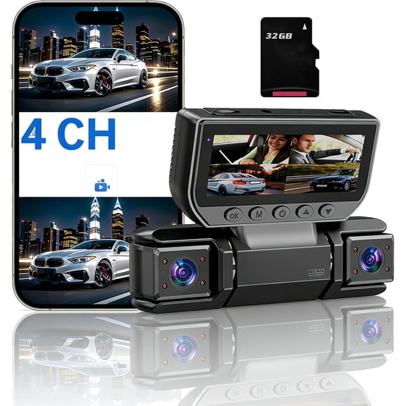 Vedaeyer Dash Cam, 360° Car DVR WiFi 4Channels Dash Cam Video Recorder, Four-Record Monitoring Driving Recorder Wireless, G-Sensor, Loop Recording, Night Vision (Four-Record+WiFi+32G)