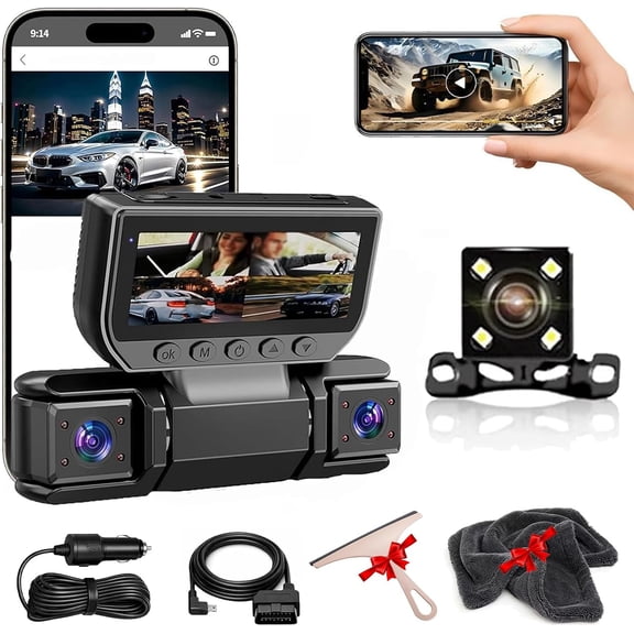 Dash Cam, 360° Car Dvr WiFi 4 Channel Dash Cam Video Recorder, 1080p Fhd Car Camera - Dash Cam Front and Rear - App Control, 24h Parking Mode, Loop Recording (with WiFi)