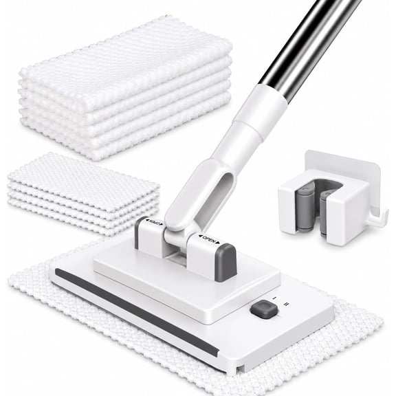 Vedaeyer Flat Mop, Adjustable Handle, Cloth Clamp, Wet & Dry Hands-Free Cloth Release with Secure Grip and Built-In Squeegee for Easier Cleaning