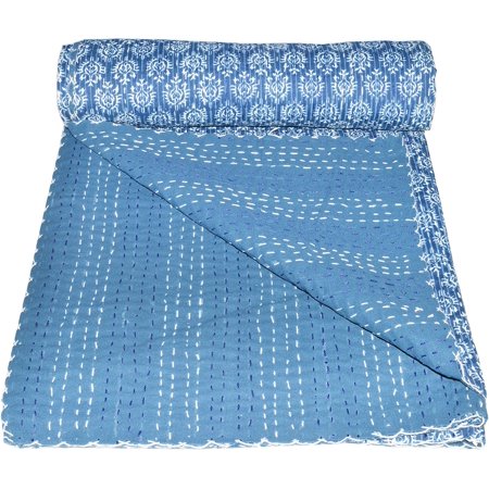 Vedant Designs Indigo Blue Block Print Cotton Twin Kantha Quilt Kantha Bedspread