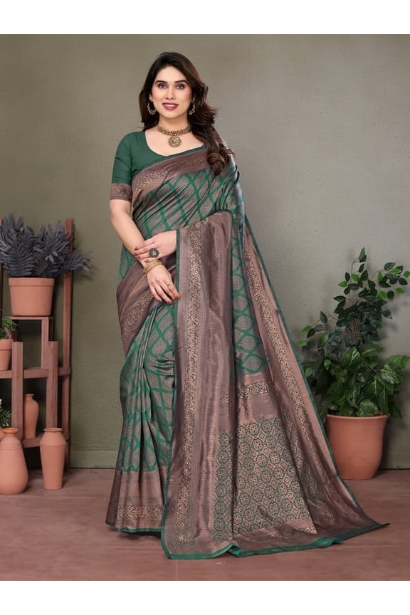 Women's Litchi Silk Banarasi Silk Saree (Reena-B-Green)