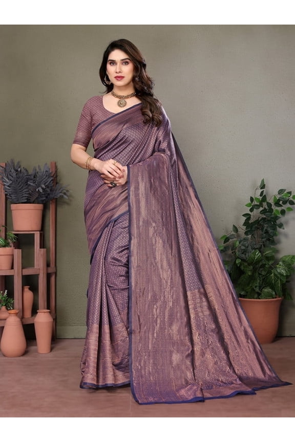Women's Litchi Silk Banarasi Silk Saree (Seema-Navy)