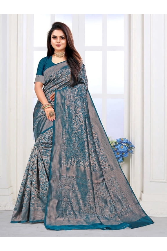 Women's Litchi Silk Designer Banarasi Saree (Dharti Rama)