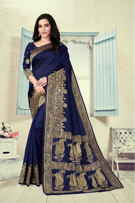 Women's Litchi Silk Designer Banarasi Saree (Meera Navy Blue)
