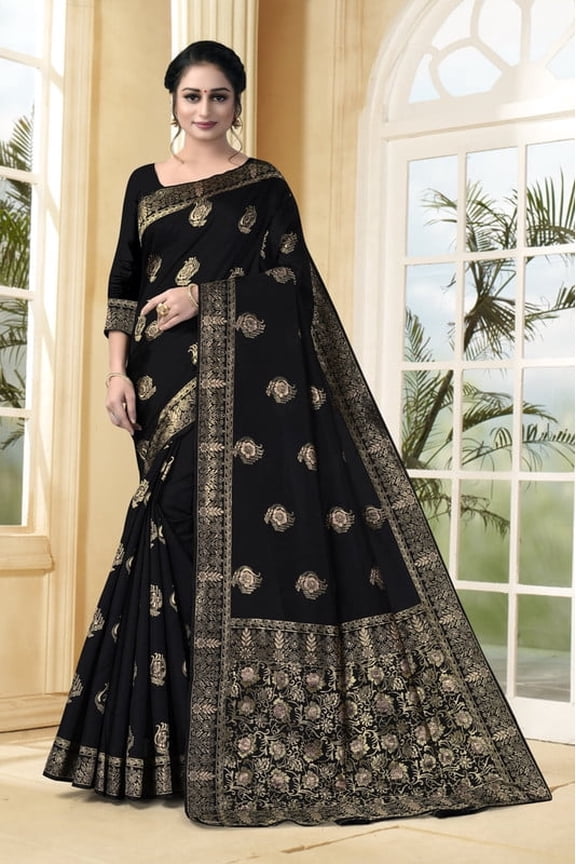 Women's Litchi Silk Designer Banarasi Saree (Rukmani Black)