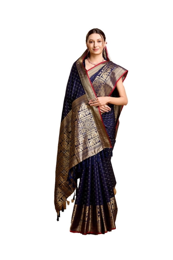 Women's Soft Litchi Silk Banarasi Silk Saree (Str-Aarita-Navy)