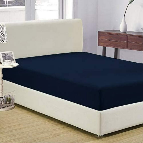 Vedanta Home Collection Fitted Sheet Twin 600 Threadcount 100% Natural Cotton Twin One Fitted Sheet Navy Blue Fit up to 12'' Inch Extra Deep Pocket Super Soft