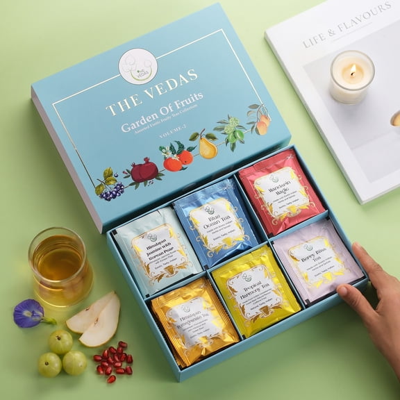 The Vedas Garden of Fruits Premium Herbal Tea Selection Gift Set Box Ideal Gifts For Women & Men, Birthday, Anniversary & Self-Care Eco-Friendly | 6 Assorted Fruity Tea Collection | 36 Handstitched c