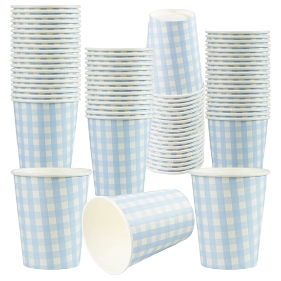 Paper Cups, 50 Count 8 oz Disposable Coffee Cups with Blue Plaid Gingham Pattern, Leak-Proof Microwave Safe for Hot and Cold Drinks, Party, BBQ and Picnic