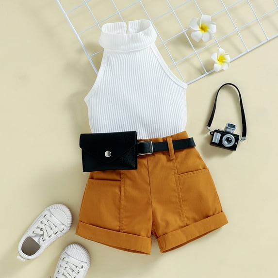 Vedolay 2 Piece Sets For Girl Girl Clothes Outfit Cold Shoulder Top + Striped Shorts 2 Piece Summer Clothing Set,Brown 6-12 Months