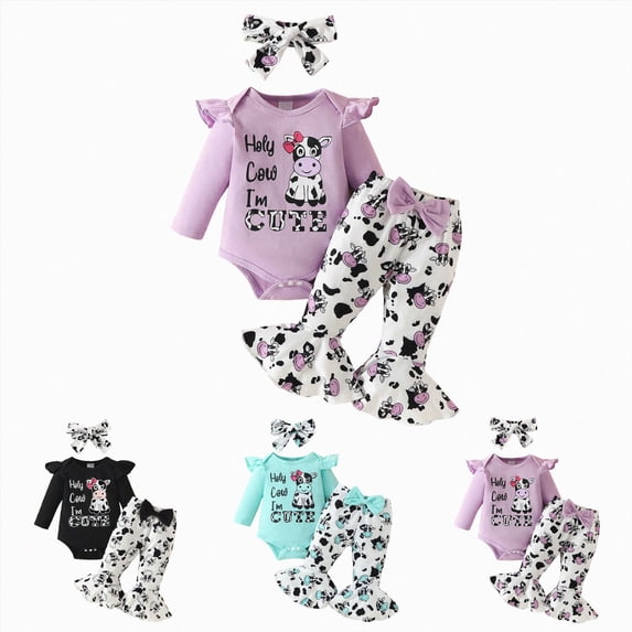 Vedolay Baby Girl Clothes 9-12 Months Ruffle Long Sleeve Holy Cow I'm Cute Letter Romper Pant Headband Set 3PC Fall Winter Clothes