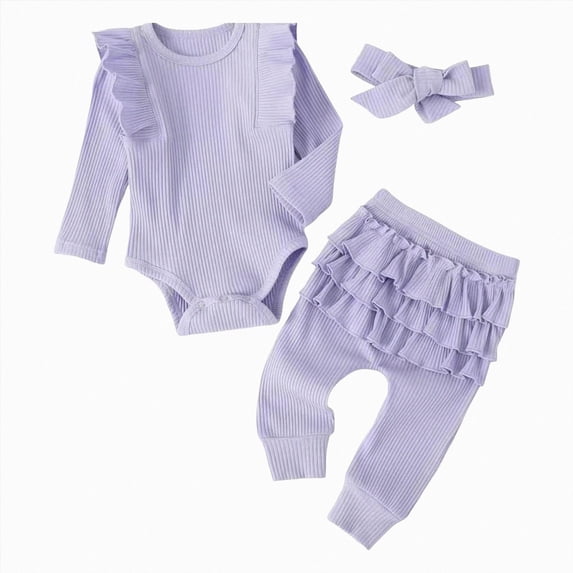 Vedolay Baby Girl Clothes Fall Winter Outfits Ruffle Long Sleeve Romper Pants Cute Baby Girl Clothes Set (Light Purple,0-3 Months)