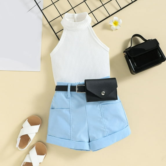 Vedolay Baby Girl Summer Sets Summer Toddler Girls Clothes Ripped Short Floral Tank Top Outfit Set for Kids Girl,Blue 18-24 Months