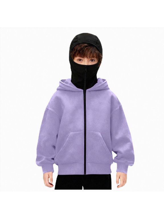 Balaclava Hoodie for Boys Girls Kids Windproof Ski Mask Hoodies Oversized Full Zip Sweatshirt Jacket with Pockets (Purple,6-7 Years)