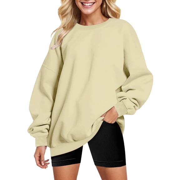 Vedolay Basic Sweatshirt for Women Plus Oversized Crew Neck Long Sleeve Pocket Sweatshirts Beige,S