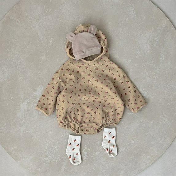 Vedolay Bodysuits for Baby Baby Boy Romper Floral Print Ruffle Fly Sleeve Rib Button Jumpsuit Overalls Pants Kid Winter Cute Clothes,Khaki 18-24 Months